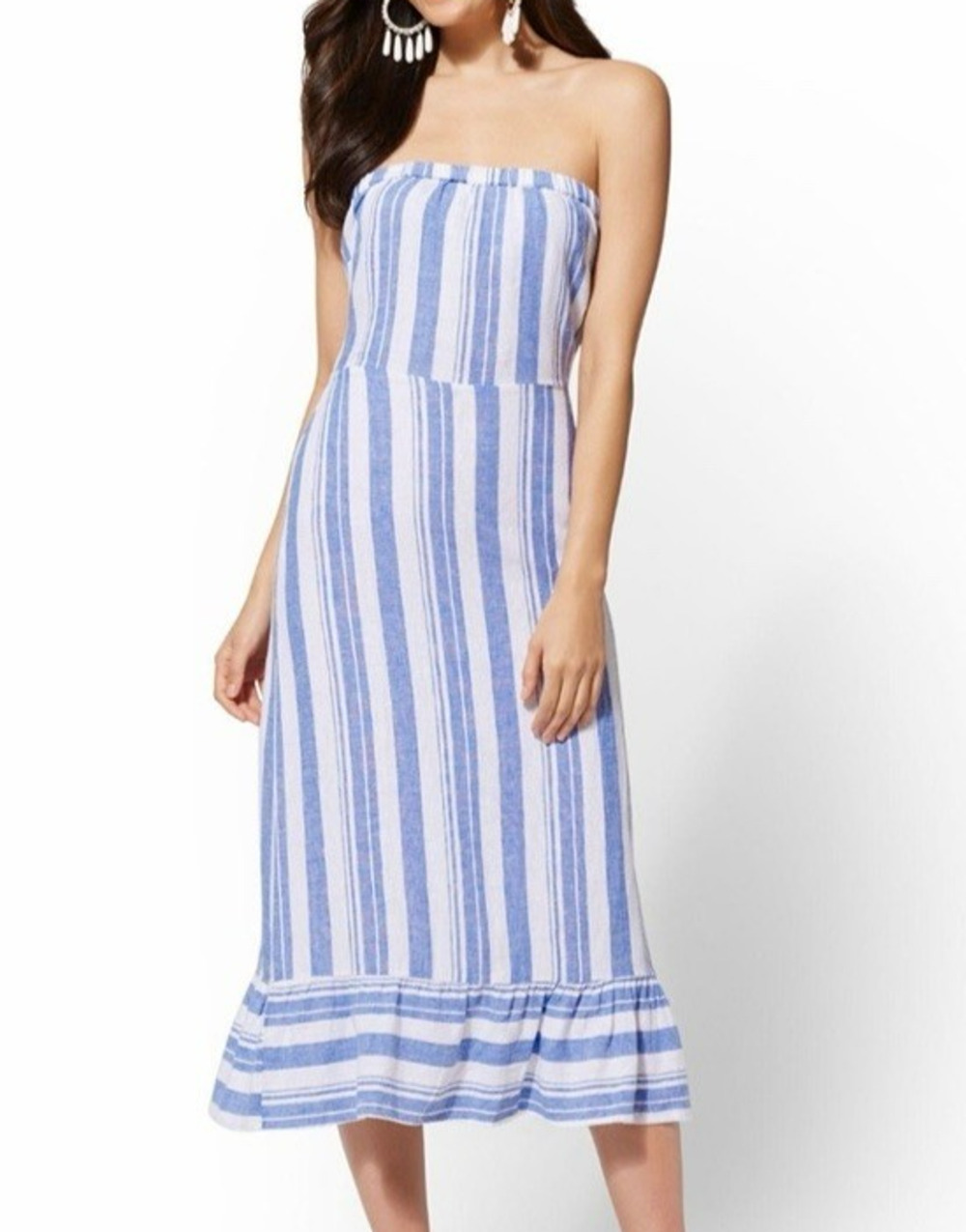 Soho New York & Company Strapless Dress Large Blue White Linen Blend Beachy